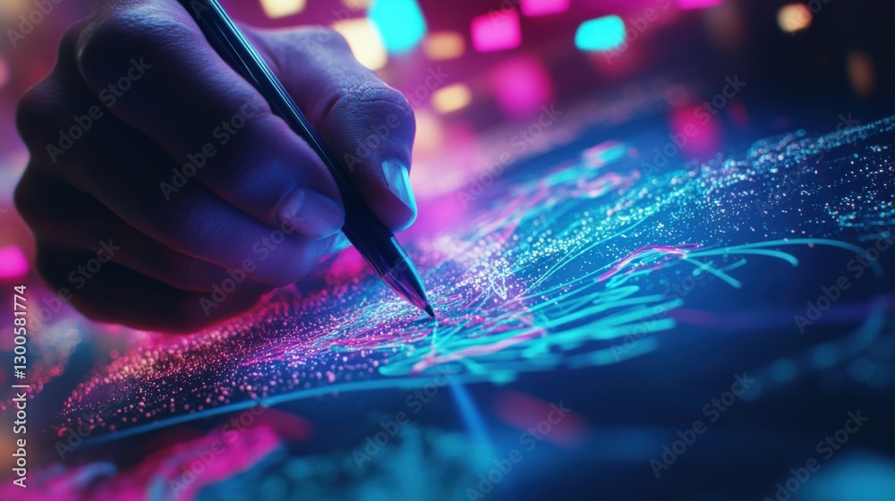 Poster hand using stylus pen to design a complex user interface with glowing lines and dots on a futuristic