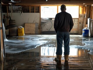 Disappointed man contemplates damage after flooding.