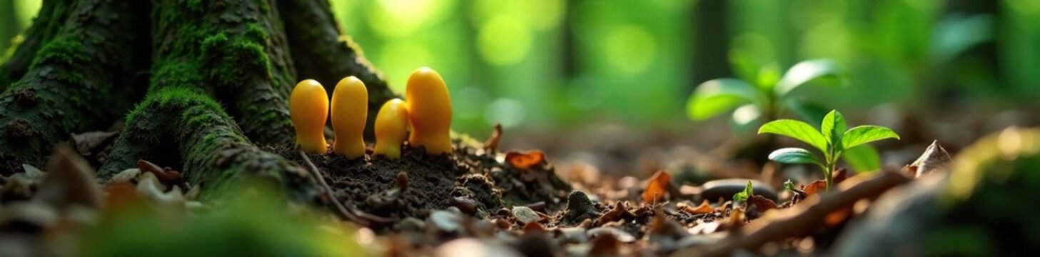 Polygonatum odoratum tubers in a forest floor, tree roots, nature, spring growth