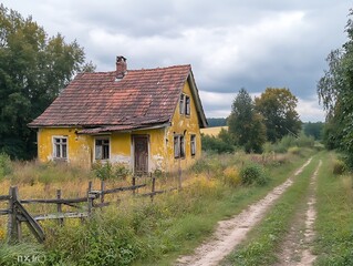 Obraz premium Derelict yellow house, rural path, overgrown