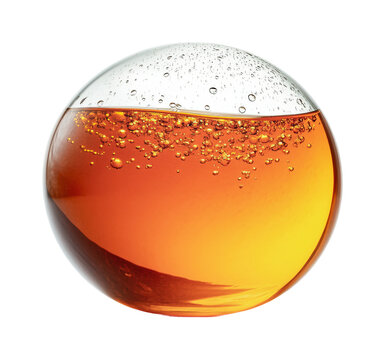 Unique half-sphere of fizzy orange beverage capturing bubbles and reflections for design and advertising use, cut out