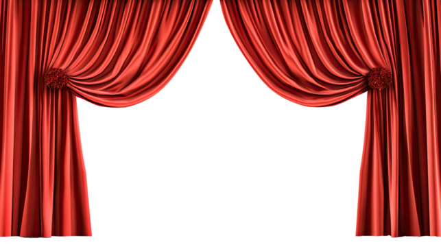Elegant red theater curtains parted to reveal a blank space, symbolizing drama and performance. PNG