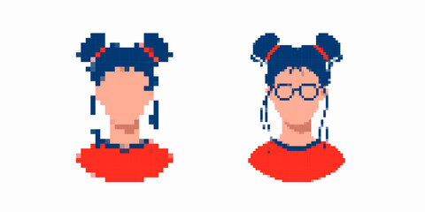 Two pixel art characters with dark hair wearing red outfits and showing unique hairstyle designs.