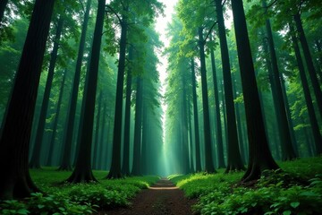 Obraz premium Tall trees tower above the forest floor, their canopies a dark green emerald, straight trees, forest