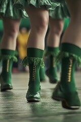 Green clad dancing feet wearing green boots. Dancing dancers wear