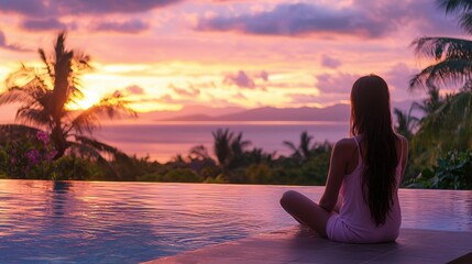 Fototapeta premium A woman sits on a ledge by a pool, looking out at the ocean