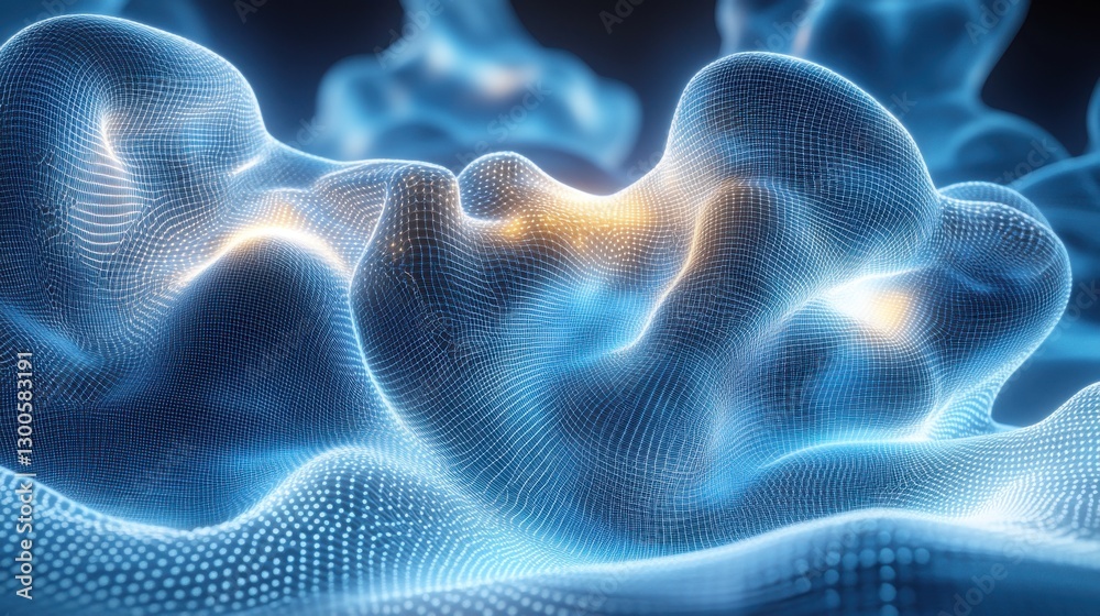 Poster Complex abstract entity emerging from a blue digital matrix, showcasing an intricate interplay of smooth and twisted forms illuminated by a gentle glow