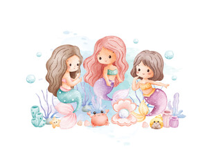 Watercolor Illustration Set of Cute Mermaids in Deep Ocean