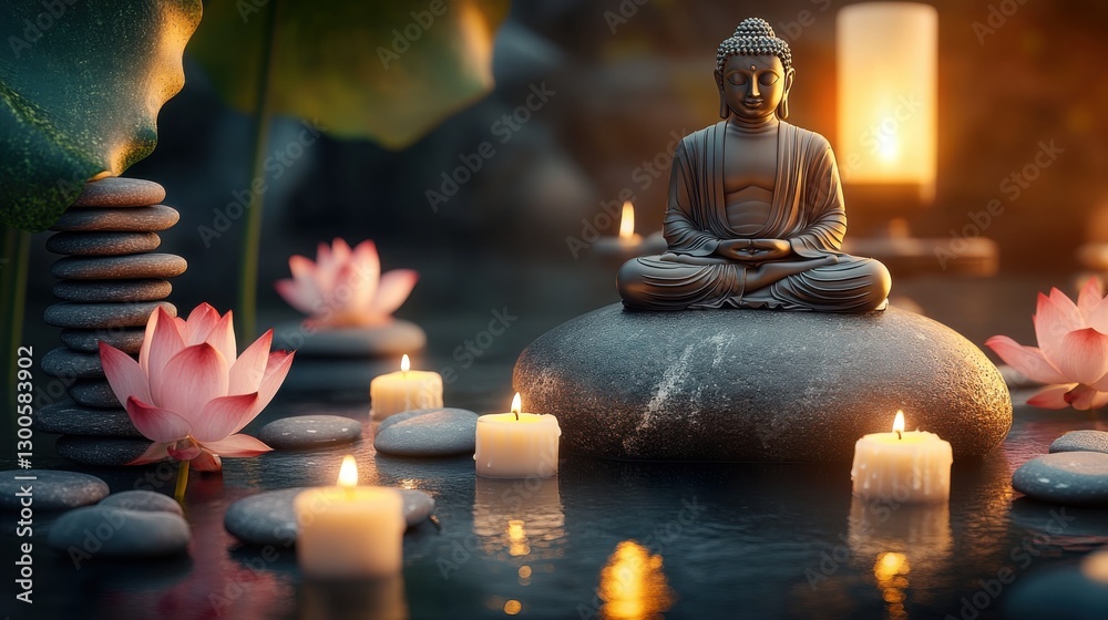 Poster meditation and serenity enveloped in warm light with buddha on a rock surrounded by candles and lotu
