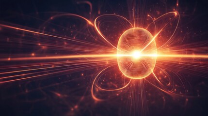 Fototapeta premium Abstract magnetic field visualization with glowing lines and arrows representing the flow of magnetic force around a central object in a dark, empty space.