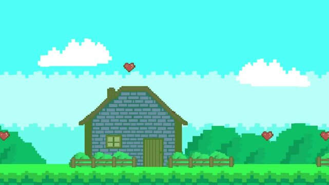 Old style 16-bit game animation of a village with houses passing by, pixel, art.
