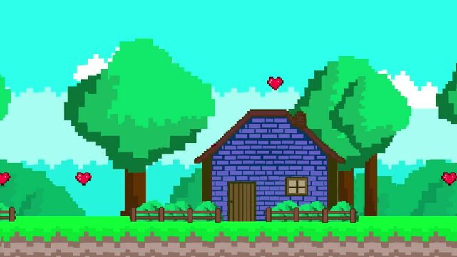 Old style 16-bit game animation of a village with houses in the forest passing by, pixel.