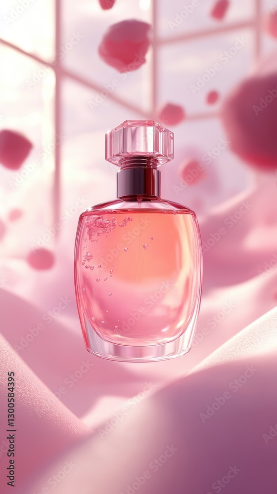 Poster floating bottle of perfume surrounded by soft pink hues and delicate floral reflections creates an e