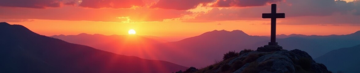 Obraz premium Silhouetted cross at sunrise, majestic mountain backdrop, mountains, majestic, tranquility