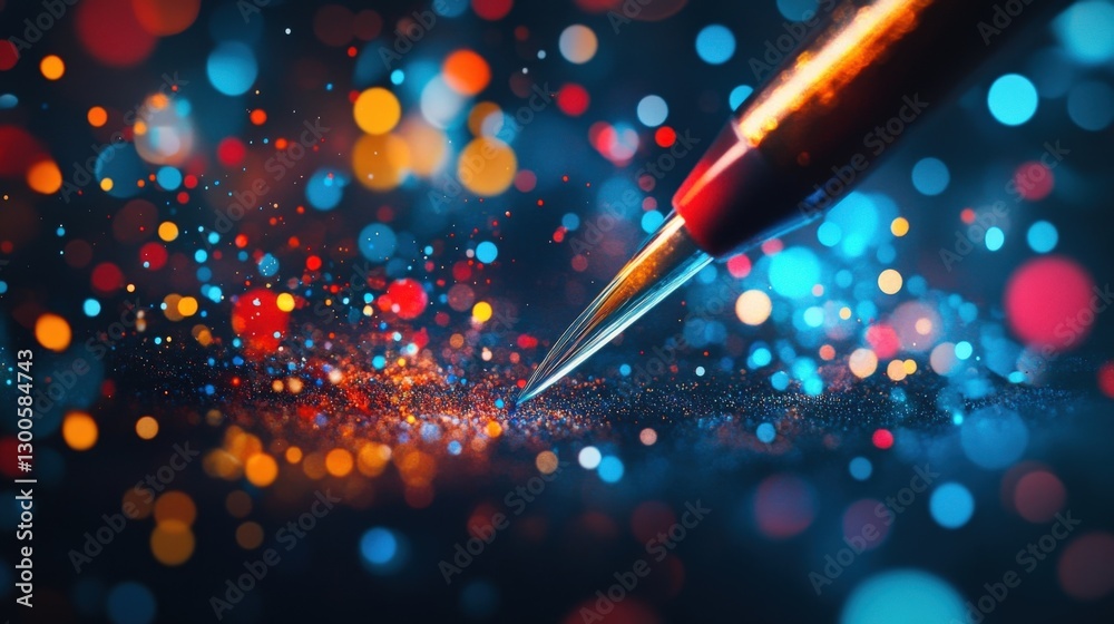Poster laboratory pipette analyzing colorful dust particles creating a magical bokeh effect, ideal for scie