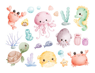Watercolor Illustration Set of Kawaii Sea Animals and Coral