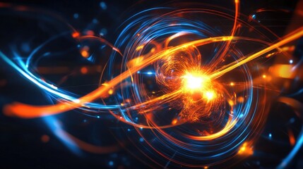 Obraz premium Abstract magnetic field visualization with glowing lines and arrows representing the flow of magnetic force around a central object in a dark, empty space.