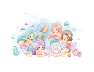 Watercolor Illustration Set of Cute Mermaids in Deep Ocean