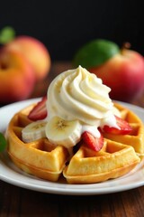 Golden waffle with peach banana ice cream melting on top, breakfast, dessert