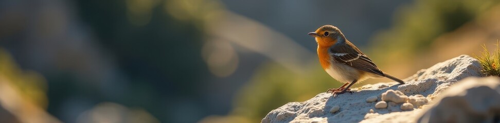 Small bird rests on rugged rock, sunlit feathers , rock texture, landscape