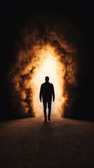 Obraz premium NDE Near Death Experience. Silhouette of a person walking towards a glowing opening in darkness.