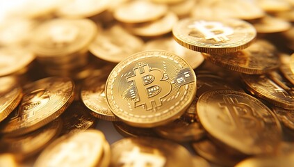 Golden Bitcoin Coins Pile Close Up