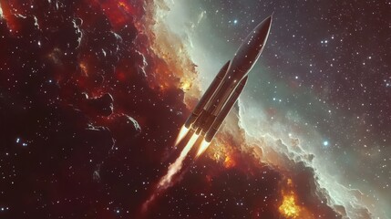Naklejka premium Majestic rocket soars through vibrant cosmic clouds amidst distant stars