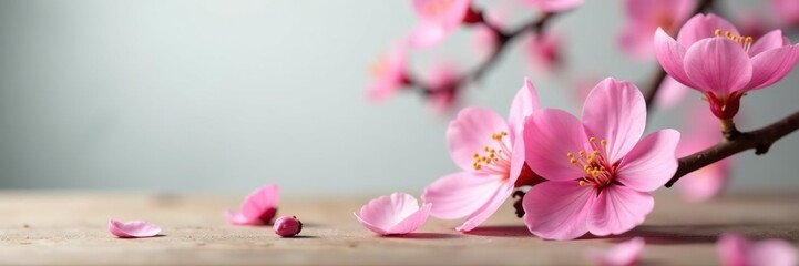 Fototapeta premium Single pink sakura bloom on a wooden table or branch against a plain background, spring, petals