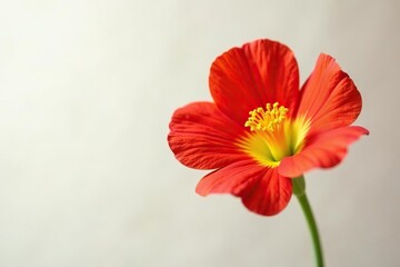 Single red and yellow snapdragon flower isolated on a light-colored background with subtle texture, botany, flower power