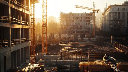 Naklejka premium Golden Hour Casts A Warm Glow On A Bustling Construction Site, Showcasing The Raw Energy Of Urban Development And The Ambitious Silhouettes Of Towering Buildings Under Construction