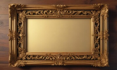 Ornate gold vintage scroll frame with intricate details and wooden texture, gold,  decorative