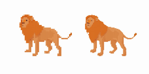 Pixel art of two lions with orange manes and strong bodies, reflecting classic pixel design.