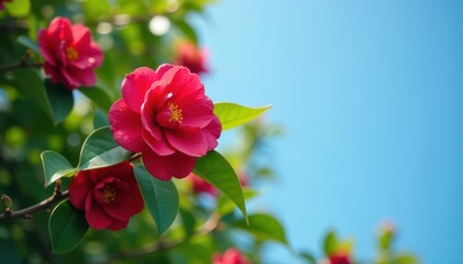 Obraz premium Springtime camellia bush, deep red blossoms contrast vivid green leaves & azure sky , springtime bloom, floral detail