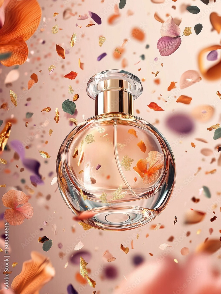 Poster Suspended elegance with a perfume bottle surrounded by a swirl of colors and abstract floral expressions in a dreamy artistic composition