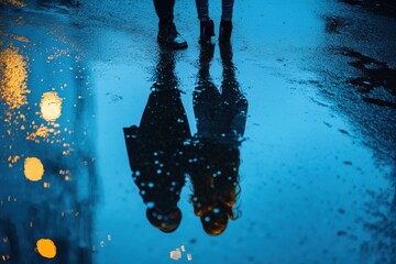 Couple reflection in rain puddle during blue hour with copy space