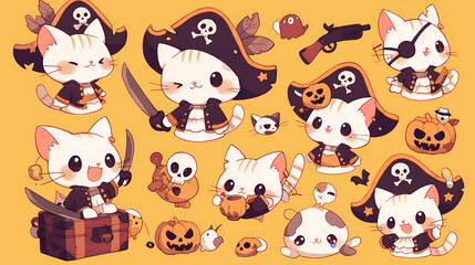 Fototapeta premium Playful pirate cats in a whimsical Halloween theme with pumpkins, skulls, and treasure chests