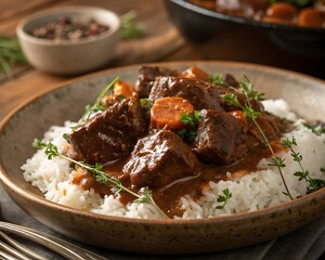Beef stew with rice on a rustic wooden table