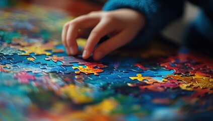 Fototapeta premium Child's Hand Placing Puzzle Piece on Colorful Jigsaw