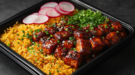 A sleek black meal tray showcasing golden saffron rice, honey-glazed tempeh cubes with a caramelized crust, garnished with finely chopped green onions