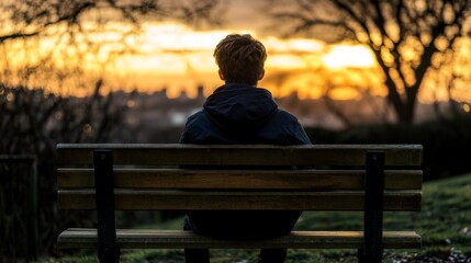 Fototapeta premium Solitary teenager sitting on park bench gazing at distant sunset, surrounded by empty space, symbolizing isolation and introspection. Youthful reflection and emotional solitude concept. 
