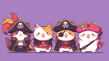 Obraz premium Four adorable cartoon cats dressed as pirates, smiling and posing against a vibrant purple background