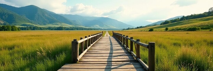 Fototapeta premium Ancient wooden bridge over meadow with distant hills, bridges, wood