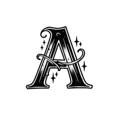 Ornate letter a with flourishes and sparkling stars