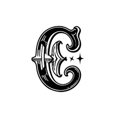 Fototapeta premium Vintage ornate letter c with flourishes and stars