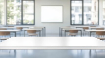 Sleek white rectangular wooden table with natural lighting and blurred modern classroom background featuring desks and chairs
