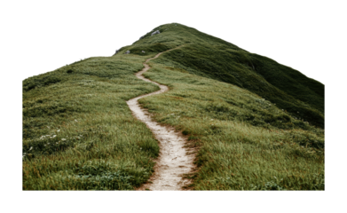 Winding path through lush green hills in a serene nature setting for outdoor adventure and exploration, cut out
