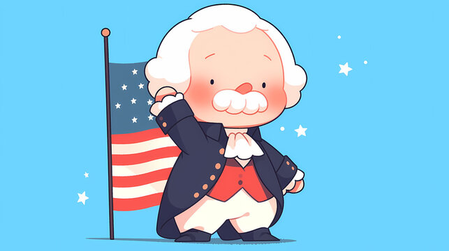 Cartoon character resembling a historical figure waving beside a flag against a bright blue background