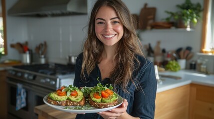 A woman is holding a plate of avocado toast and smiling