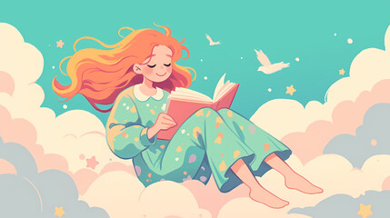 Obraz premium Young girl reading a book while sitting on clouds, surrounded by birds and stars in a dreamy sky