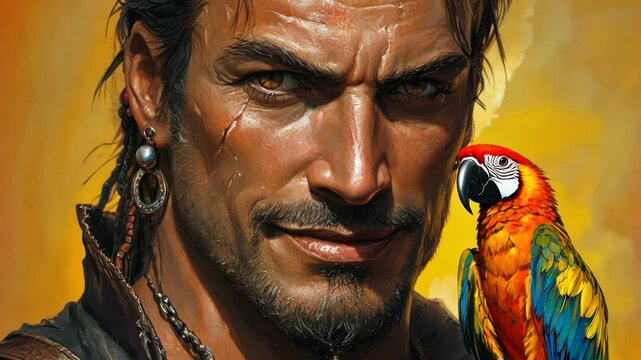 Charismatic pirate poses with a colorful parrot against a vivid sunset backdrop